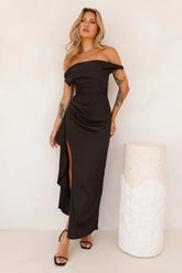 Nightfall Event Off Shoulder Satin Maxi Dress Black