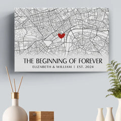 Location Map The Beginning Of Forever - Couple Personalized Custom Map Horizontal Canvas - Map Art. Gift For Husband Wife. Anniversary. Long Distance Relationship