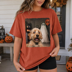 Custom Photo Funny Dog Selfie With Boo Comfort T-Shirt - Paws, Ghosts And Smiles