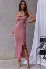 Frieda Cowl Neck Front Split Midi Dress Mauve