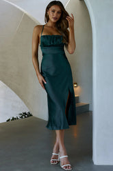 Lakoda Gathered Bust Bow Tie Back Midi Dress Forest Green