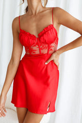 Trophy Lace Bodice Sweetheart Neckline Mini Dress Red