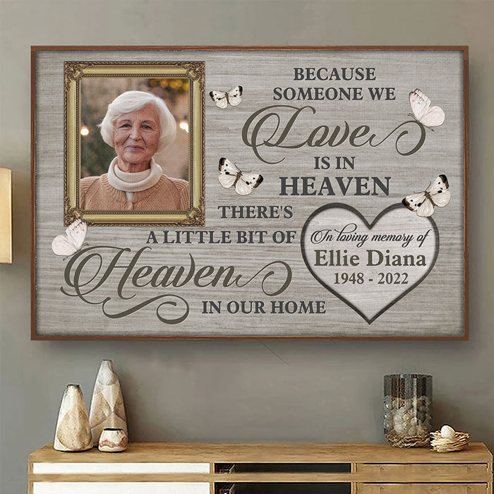There's A Little Bit Of Heaven In Our Home - Memorial Personalized Custom Horizontal Poster - Upload Image. Sympathy Gift For Family Members