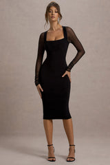 Off Track | Black Bodycon Midi Dress With Sheer Sleeves
