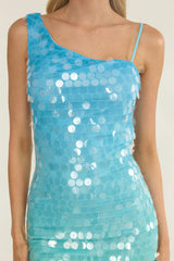 Nights In Portofino Asymmetric Shoulder Sequin Mini Dress Blue Multi