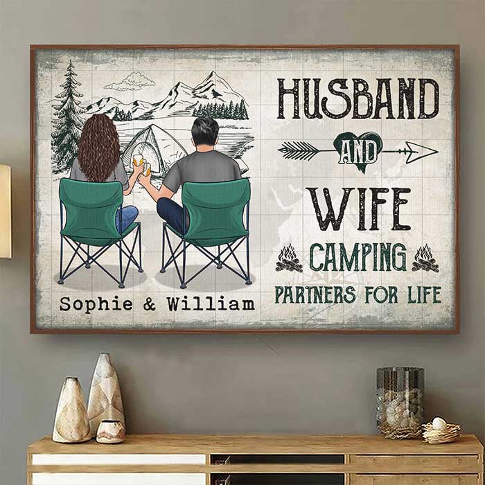 Husband & Wife - Camping Partners For Life - Gift For Camping Couples. Personalized Horizontal Poster