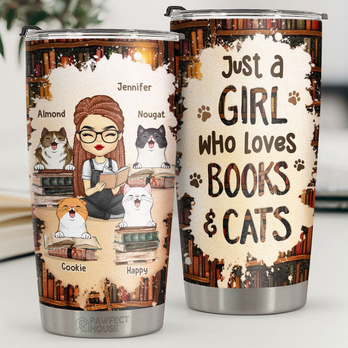 Just A Girl Who Loves Books & Cats - Personalized Tumbler - Gift For Cat Lovers. Cat Owners. Cat Gift. Gift For Pet Lovers