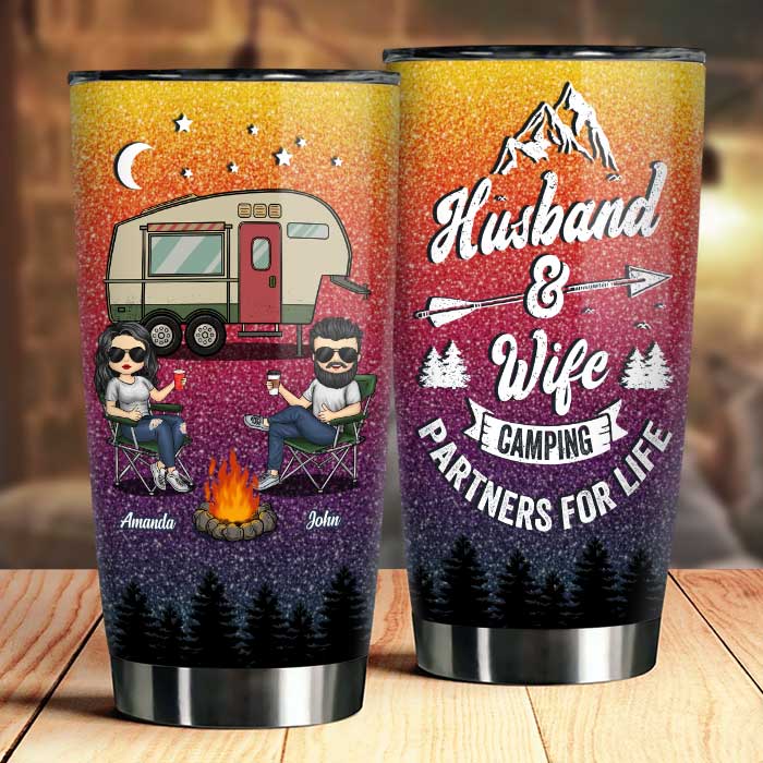 Husband & Wife Camping Partners For Life - Gift For Camping Couples. Personalized Tumbler