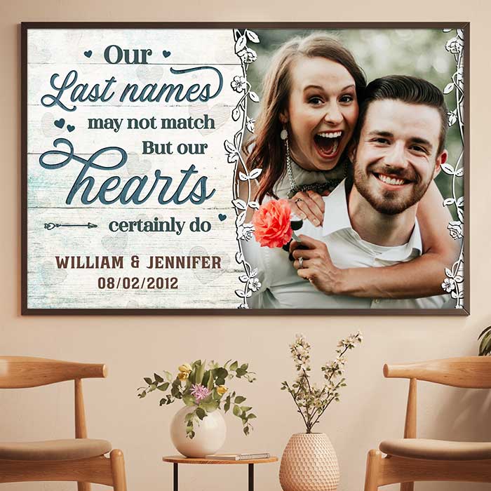 Our Last Names May Not Match But Our Hearts Certainly Do - Upload Image. Personalized Horizontal Poster
