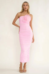 She Just Knows Ruched Flower Bust Maxi Dress Pink