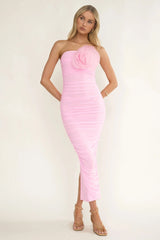 She Just Knows Ruched Flower Bust Maxi Dress Pink