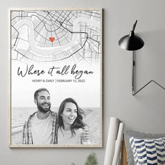 Custom Photo Location Map The Beginning Of Forever - Couple Personalized Custom Map Vertical Poster - Map Art. Christmas Gift For Husband Wife. Anniversary