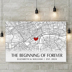 Location Map The Beginning Of Forever - Couple Personalized Custom Map Horizontal Canvas - Map Art. Gift For Husband Wife. Anniversary. Long Distance Relationship