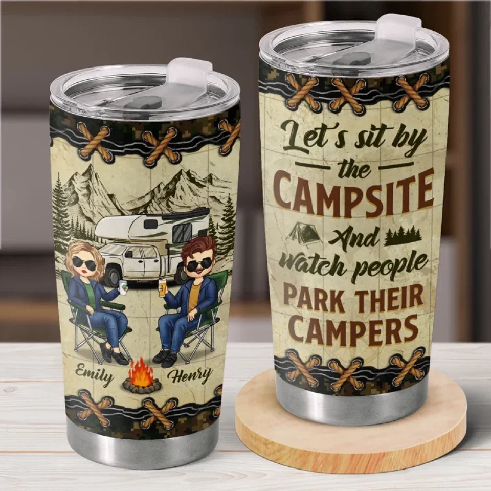 Home Is Where We Pitch Our Tent - Couple Personalized Custom Tumbler - Gift For Husband Wife. Camping Lovers