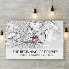 Location Map The Beginning Of Forever - Couple Personalized Custom Map Horizontal Canvas - Map Art. Gift For Husband Wife. Anniversary. Long Distance Relationship