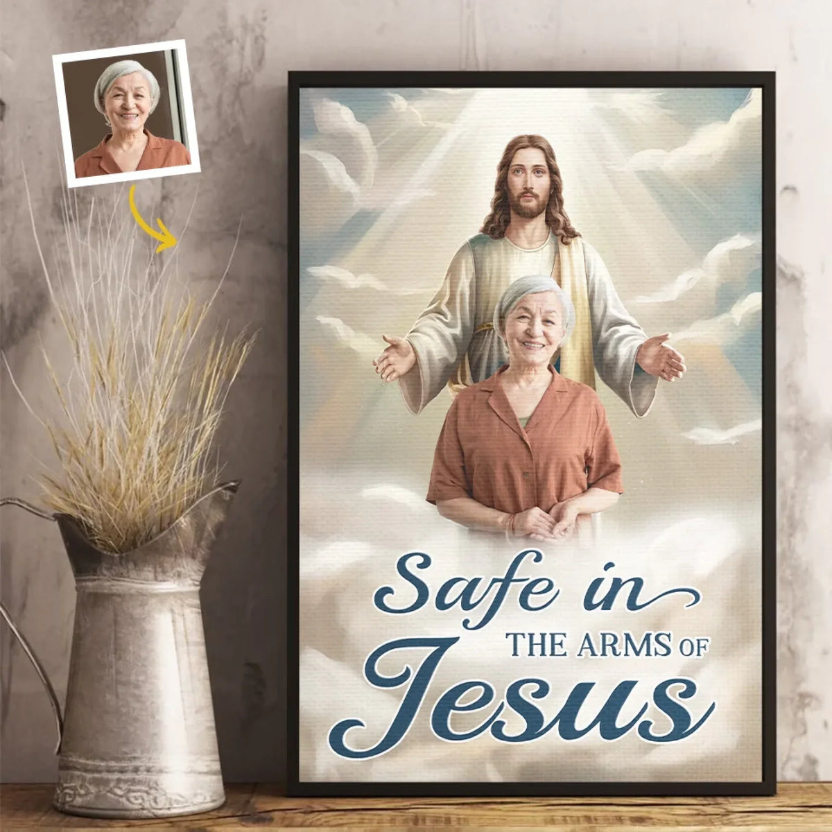 Custom Photo Safe In His Arms. Cherished In My Soul - Memorial Personalized Custom Vertical Poster - Sympathy Gift For Family Members