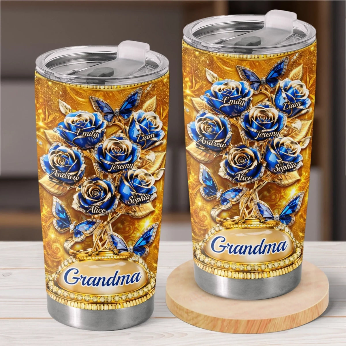 Custom Rose Tumbler - Personalized Mother's Day Birthday Gifts For Mom. Grandma - Golden Love. Golden Mom
