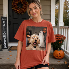 Custom Photo Funny Dog Selfie With Boo Comfort T-Shirt - Paws, Ghosts And Smiles