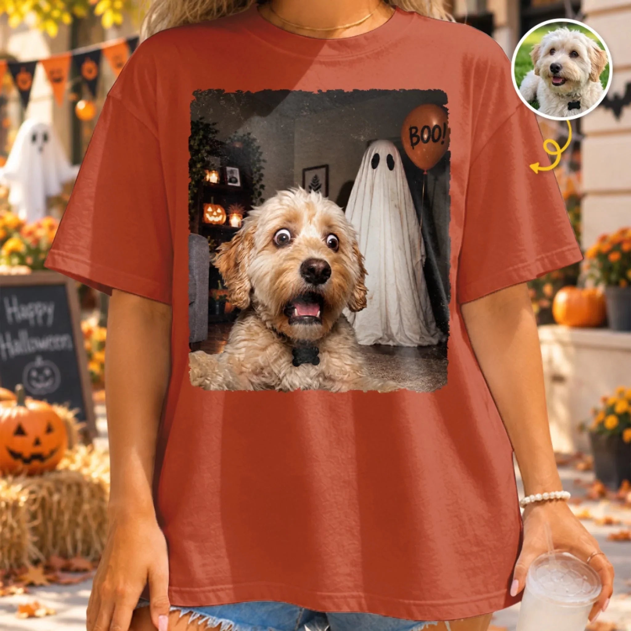Custom Photo Funny Dog Selfie With Boo Comfort T-Shirt - Paws, Ghosts And Smiles