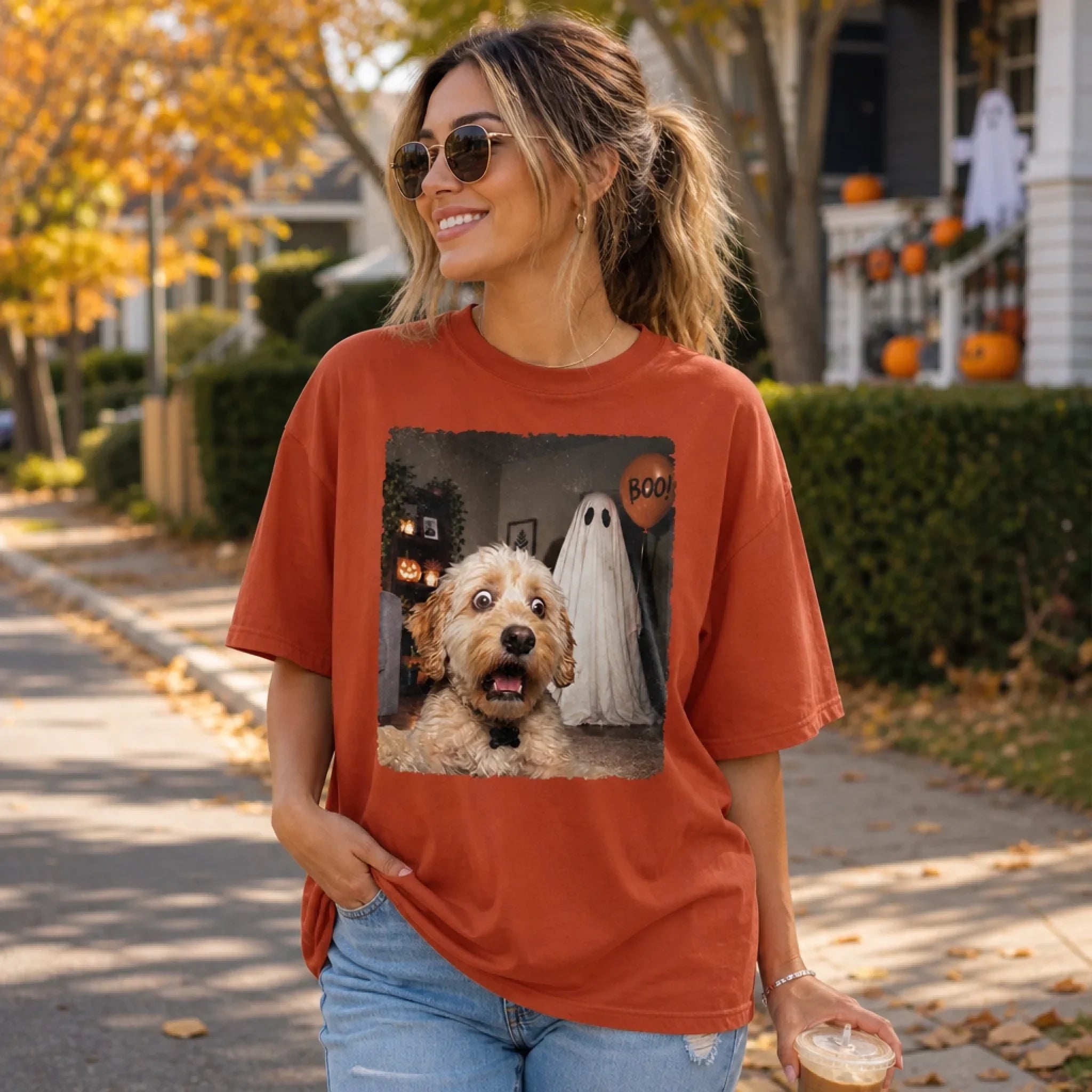 Custom Photo Funny Dog Selfie With Boo Comfort T-Shirt - Paws, Ghosts And Smiles