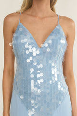 Meranda V-Neck Criss-Cross Maxi Dress Sequin Blue