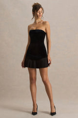 Valentina | Black Velvet Bandeau Mini Dress With Pleated Detailing