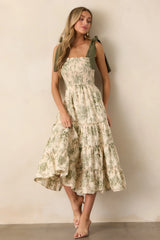 Green Floral Smocked High Waist Tiered Midi Dress
