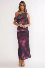 Saffra Shoulder Sash Ruched Maxi Dress Print Wine