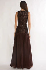 Dioris Rosette Cut-Out Sequin Maxi Dress Sequin Choco